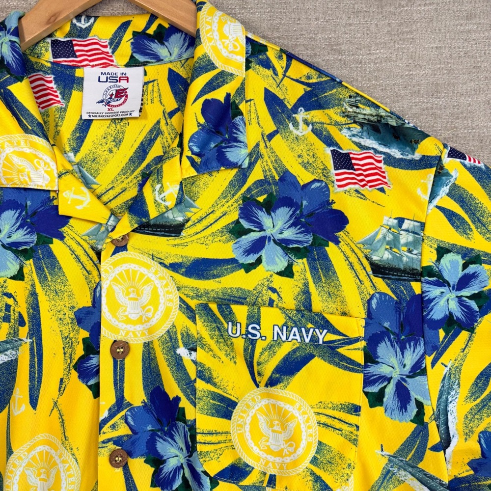 AE Sport US Navy Hawaiian Shirt XL Yellow Floral Tropical Navy Seals Patriotic